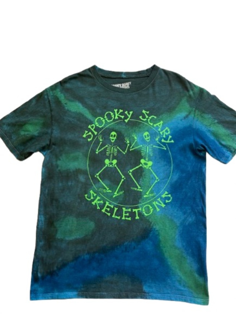 Urban Outfitters Spooky Scary Skeletons Blue Green Tie Dye Tee Size L EUC